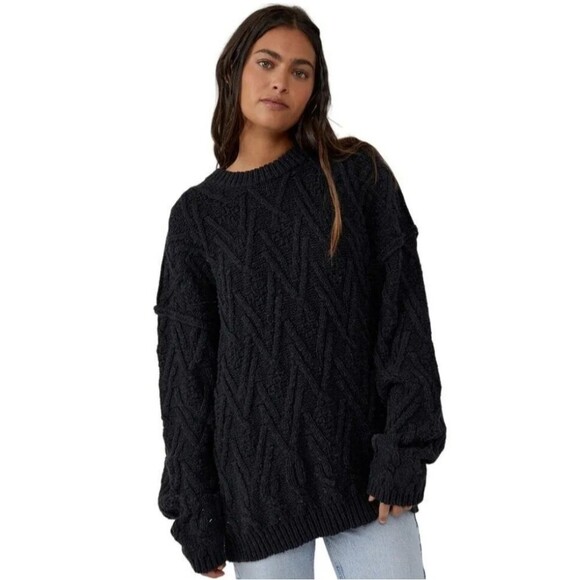 Free People Isla Cable Stitch Tunic Black Sweater Size XS - Picture 1 of 5